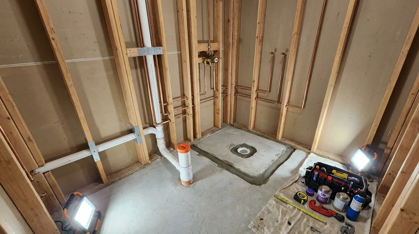 Bathroom rough-in plumbing during remodel by Johns Plumbing LLC in Brockport