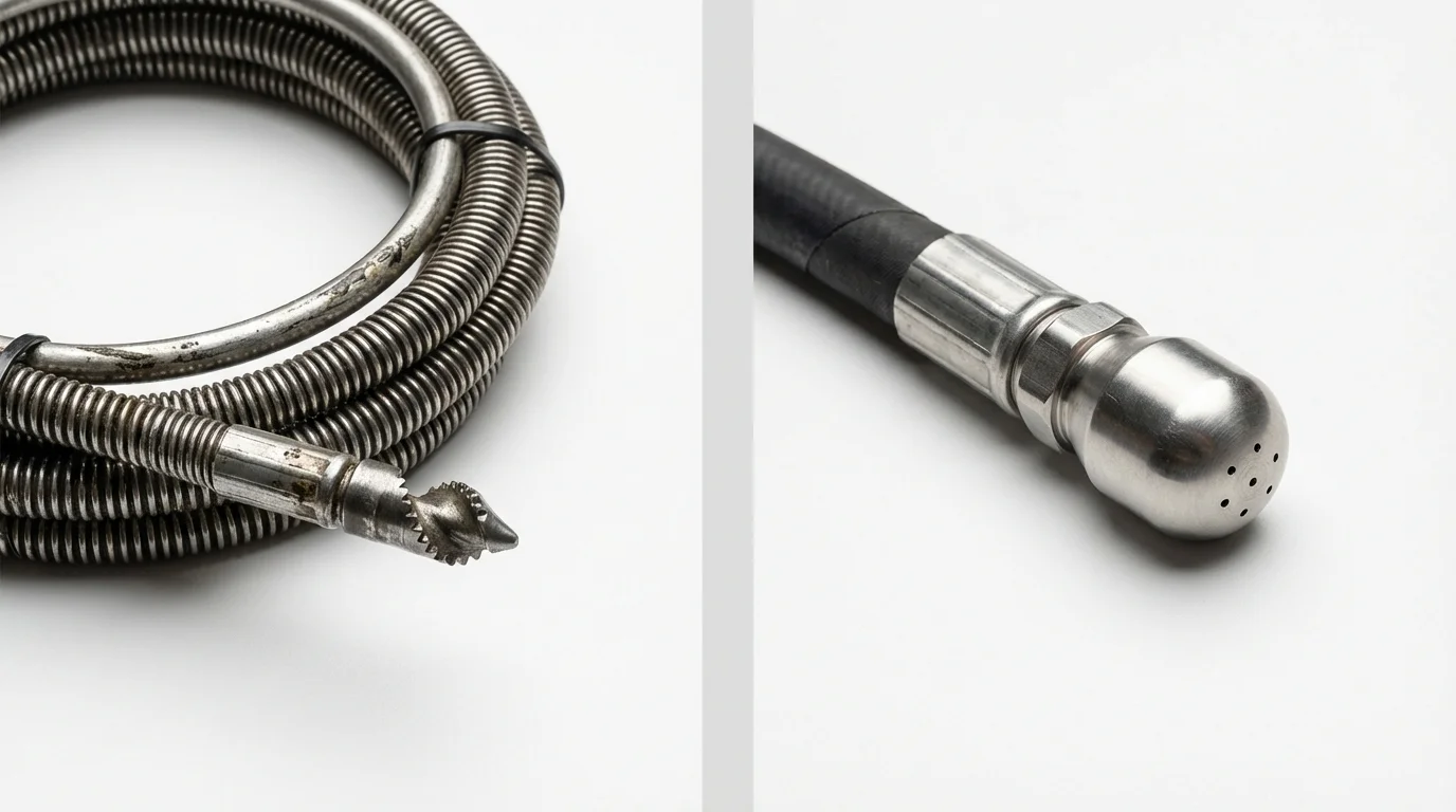 Drain snake cable and hydro jetting nozzle used for drain cleaning in Brockport, NY