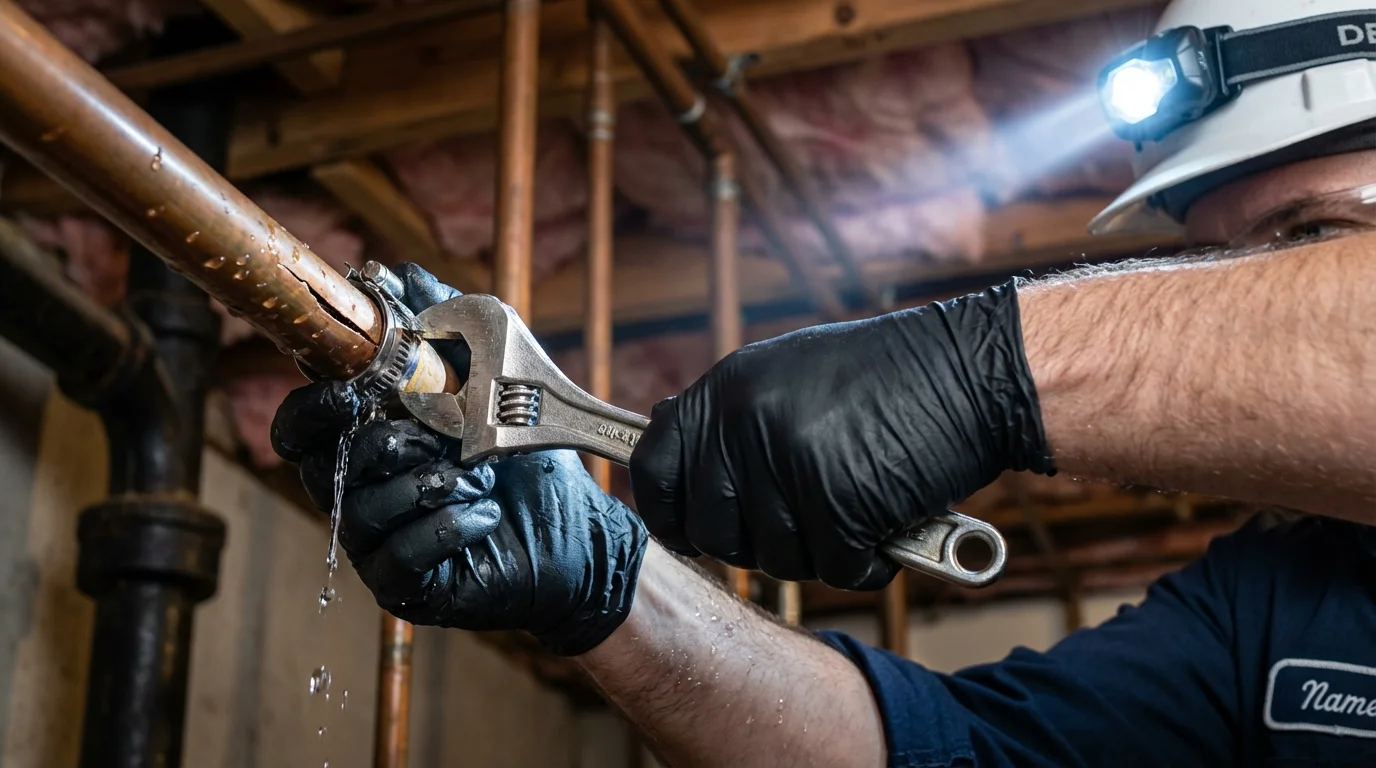 Emergency pipe clamp repair being performed by a Johns Plumbing LLC plumber in Brockport
