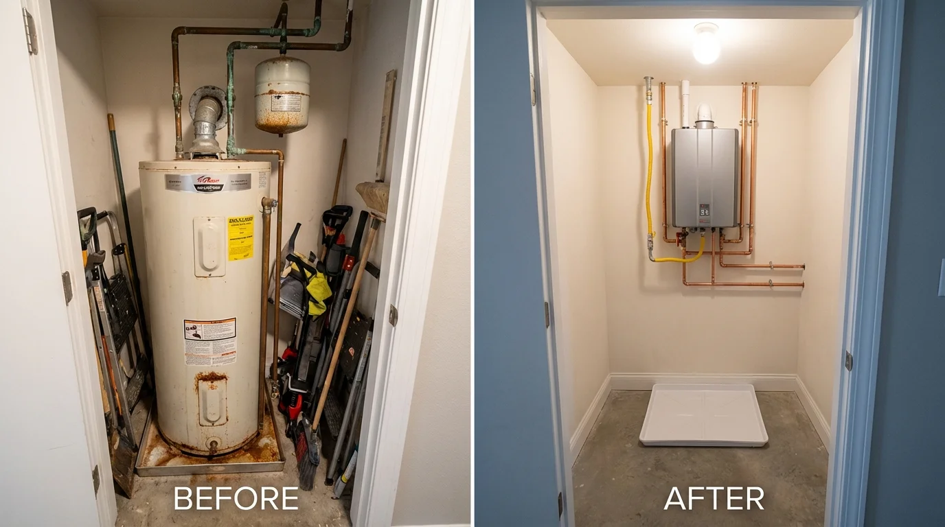 Tank water heater versus wall-mounted tankless unit comparison for Brockport, NY homeowners