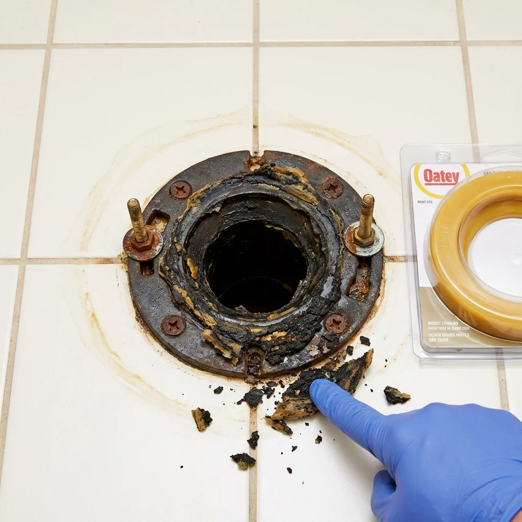 Failed wax ring showing water seepage at the base of a toilet in a Brockport, NY home