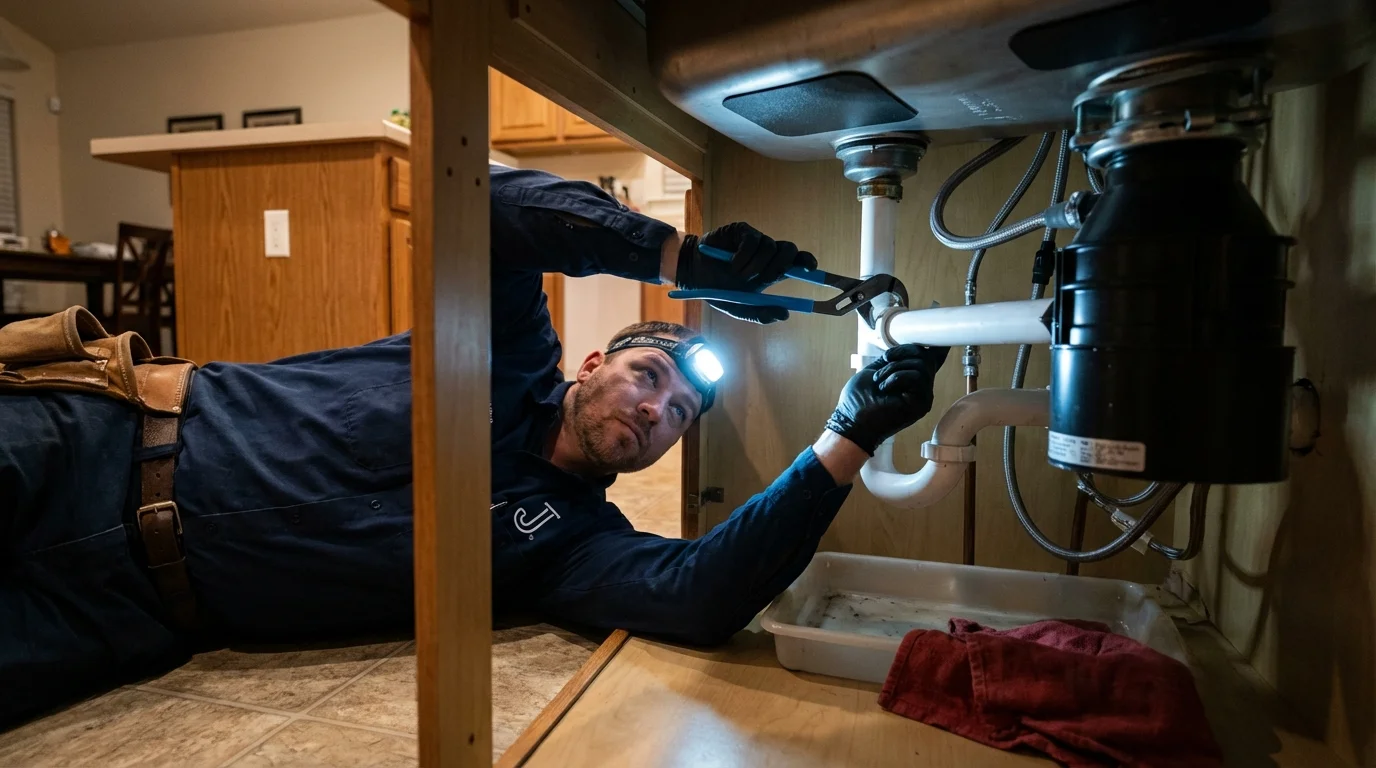 P-trap and supply line connections under a kitchen sink showing a common leak point in Brockport, NY
